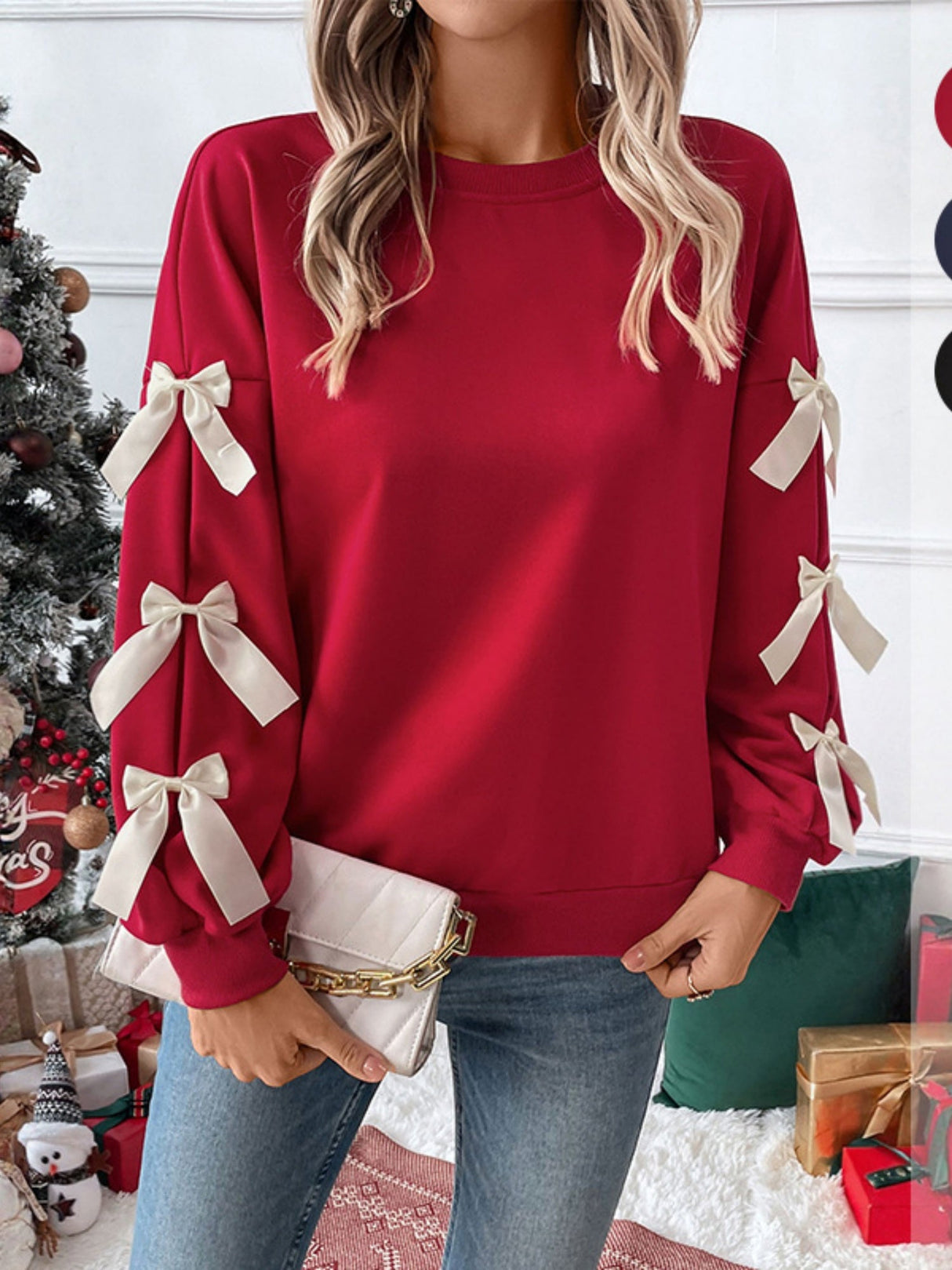 Sweet Red Round Neck Long-sleeved Christmas Bow Bottoming Top Sweatshirt