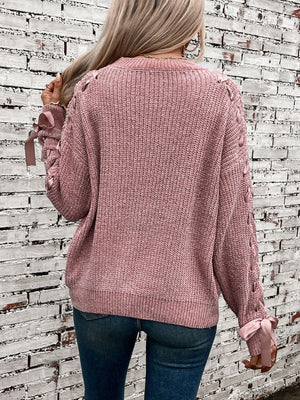 Lace Up Bow Long Sleeve Knitting Pullover Sweater
