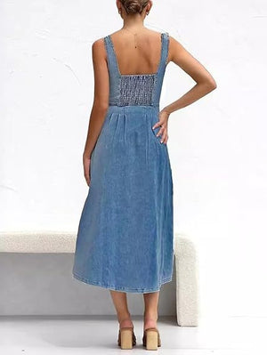 Blue Denim Distressed Overalls, Single-breasted Button Midi Dress
