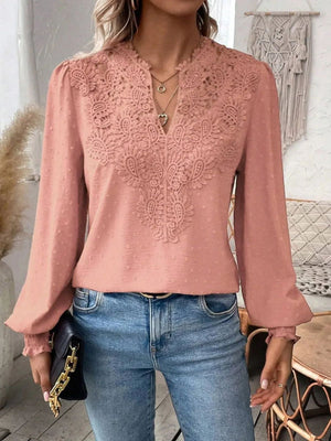 Lace Trim V-neck Long Sleeve Shirt T-shirts