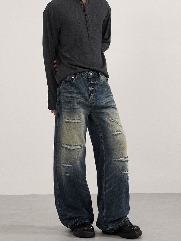 Washing Old Hole Patch Machete Vintage Wide-leg Jeans