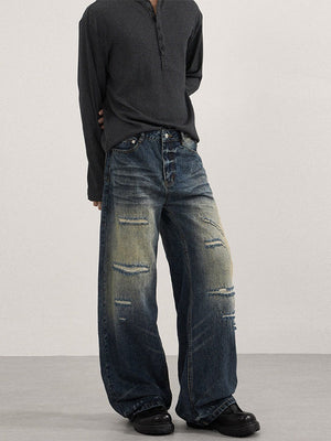 Washing Old Hole Patch Machete Vintage Wide-leg Jeans