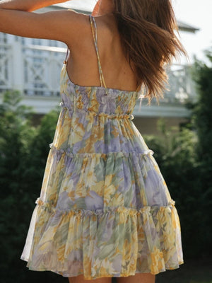Resort-style Floral Print Multi-layered Ruffled Short Sundress