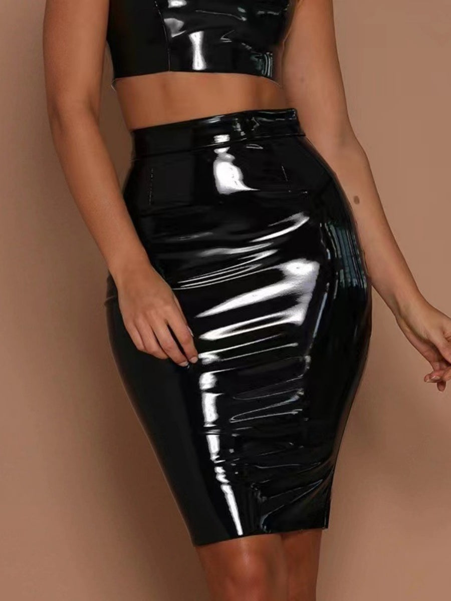 Jupes moulantes en cuir PU brillant, taille haute, fermeture éclair