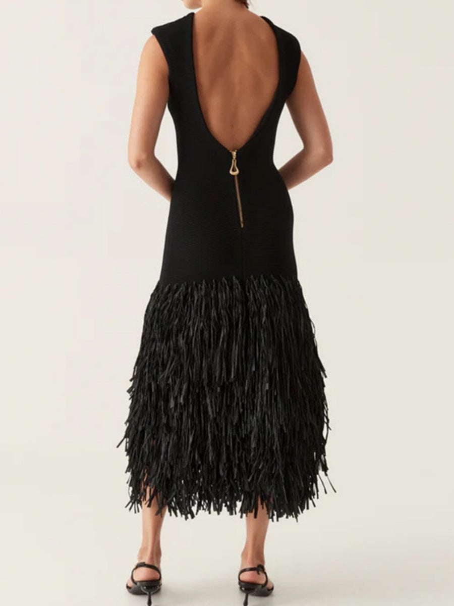 Robes maxi en tricot à pompons et patchwork de raphia uni