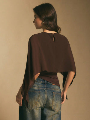 Cape-sleeve T-shirt, Round Neck, Loose Chiffon Cover-up, Elegant Irregular Top/T-shirt