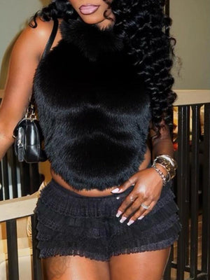 Furry Turtleneck Big Backless Halter Top Tank Tops&Camis