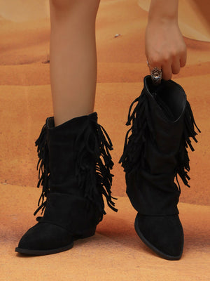 Tasseled Pleated Suede Western Women's Ankle Boots