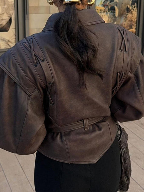 Lapel Lace Up Long Sleeve Leather Jacket