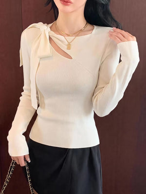 Wool Shoulder Strap Bow Openwork Asymmetrical Neck Long-sleeved Sweater