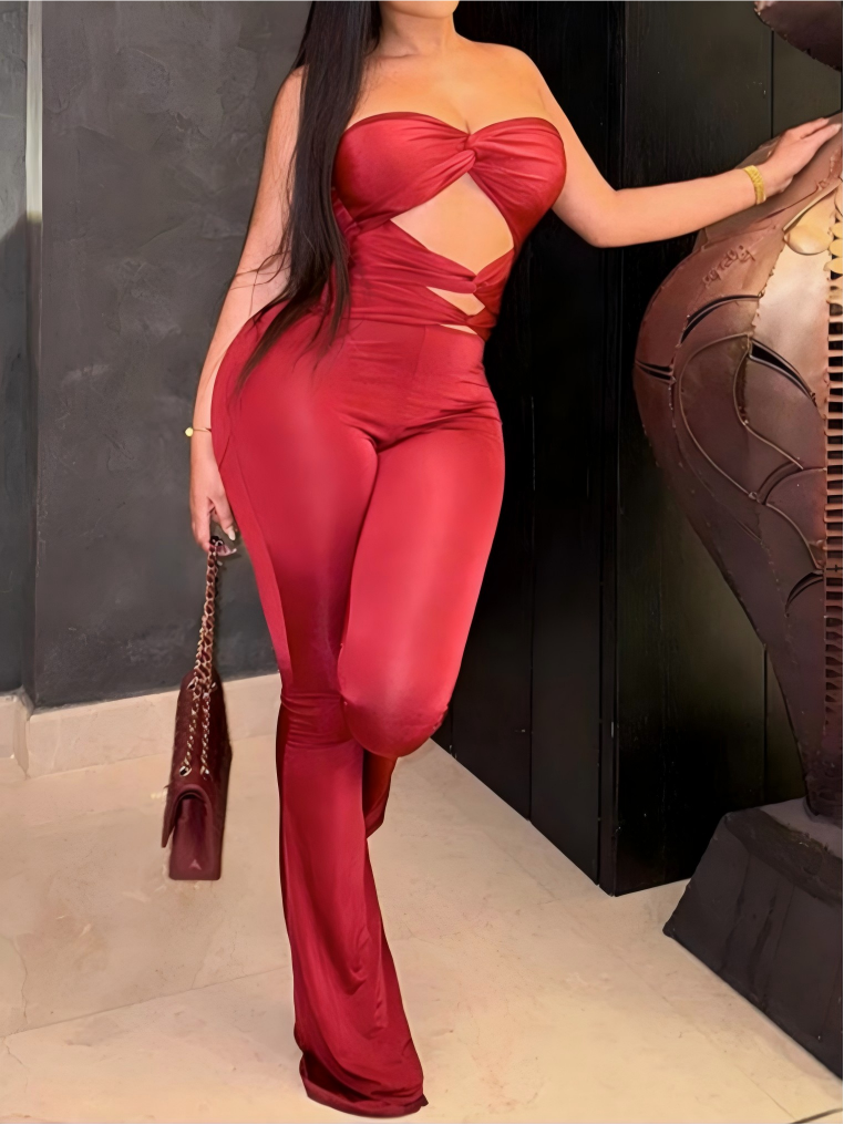 Strapless Sleeveless Fitted Open Backless Twist Jumpsuit