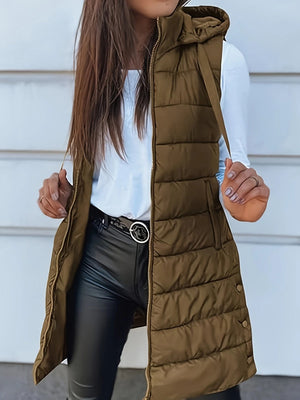Mid-length Hooded Design Keep Warm Leisure Zipper Pocket Quilted Vest