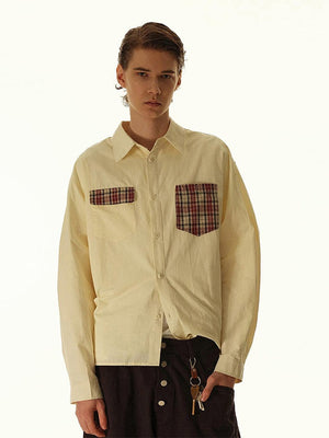 College Style Loose Plaid Splicing Vintage Long-sleeved Shirt