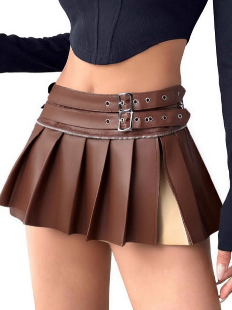 PU High-waisted Slit Belt Decoration Pleated Skirt