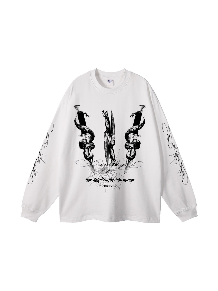 305G Dark Dagger Print Loose Long-sleeved T-shirt