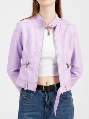 Three-dimensional Decoration Short Stand Collar Zippered Leather Jacket