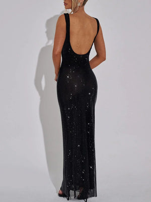 Sexy Double-strap Sequined Rhinestone Halter Top With Cinched Waist And Bodycon Silhouette Long Dress