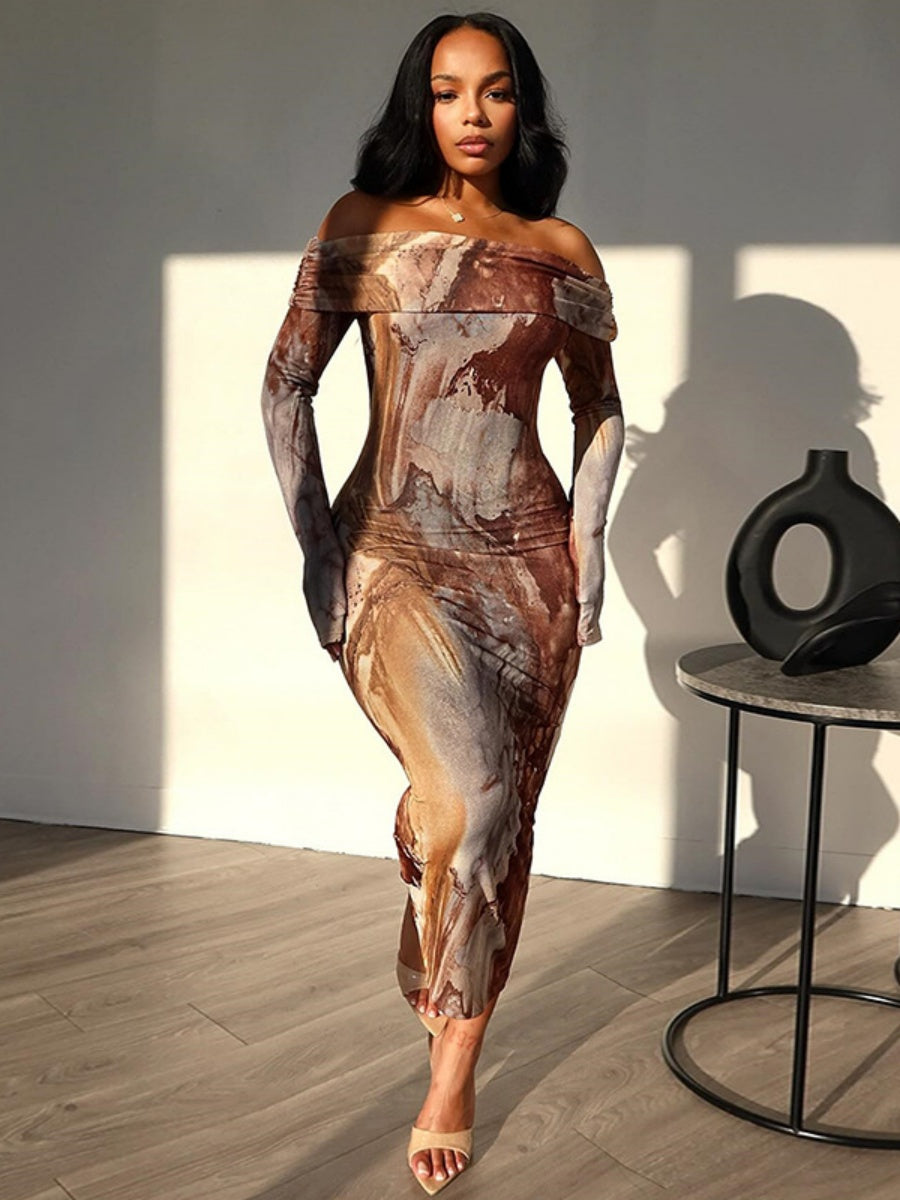 Milk Silk Tie-dye Printed Off Shoulder Slim Fit Hip Maxi Dresses