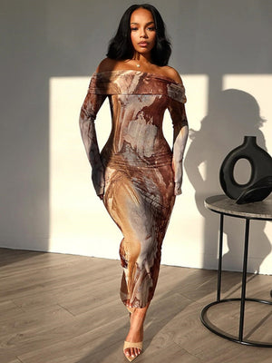 Milk Silk Tie-dye Printed Off Shoulder Slim Fit Hip Maxi Dresses