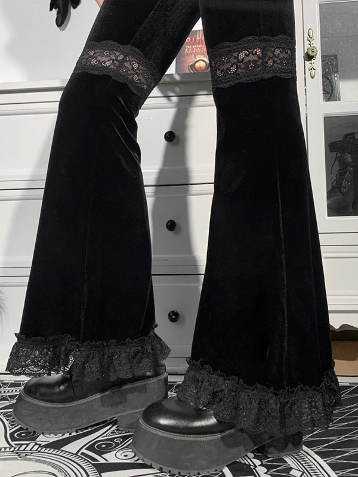 Y2K Velvet Lace Patchwork Hollowed-out Perspective High-waisted Flared Pants Slimming Pants