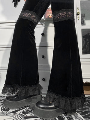 Y2K Velvet Lace Patchwork Hollowed-out Perspective High-waisted Flared Pants Slimming Pants