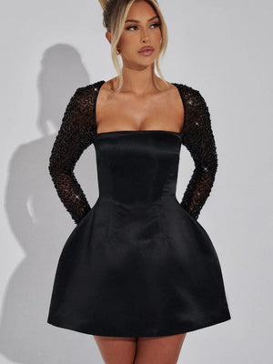 Square Neck Lace Low-cut Splicing A-pendulum Long Sleeve Bandage Short Dress For Cocktail Party