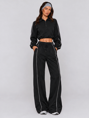 American Retro Color-blocked Striped Tracksuit For Women Two-piece Set: Collared Half-zip Sweatshirt And High-waisted Wide-leg Sweatpants