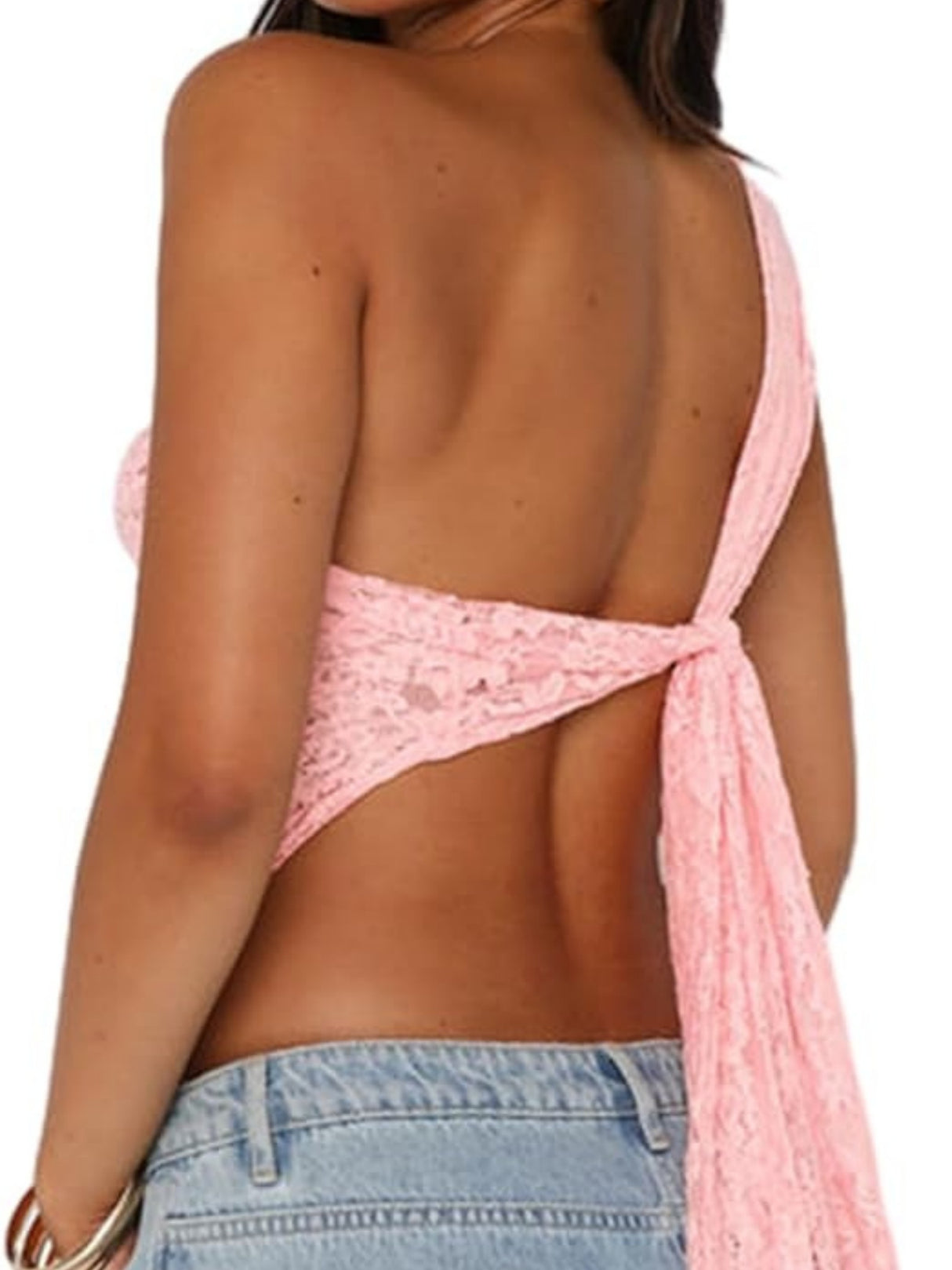 Lace See-through One-shoulder Backless Fine Mesh Sweet Tank Tops&Camis