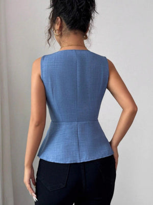 Metal Buckle Design V-neck Sleeveless Fitted Waist Vest