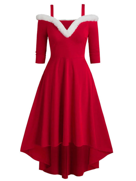Christmas Plush Splicing High And Low Deep V Off-shoulder Large Skirt Three-quarter Sleeves Midi Dresses
