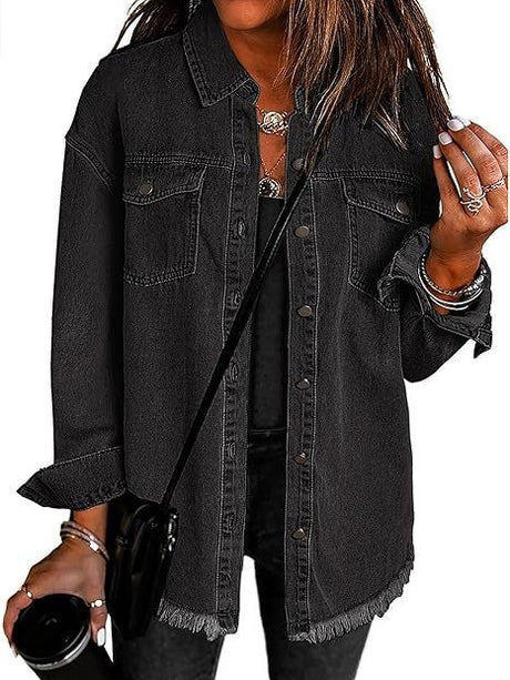 Denim Jacket With Frayed Pockets And Button Details