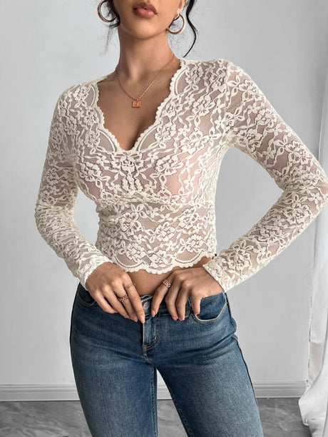 Lace V-neck Flesh Color Cropped T-shirts