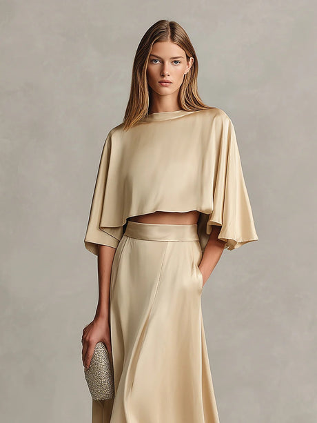 Satin Shawl-Sleeve Long Dress Two-Piece Set
