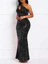 Sequins One-shoulder Backless Fish Tail Evening Gown Maxi Dresses