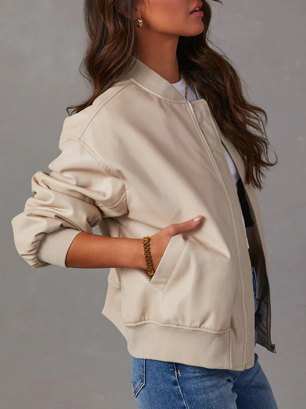 PU Leather Crew Neck Zip-up Baseball Jacket, Autumn/winter Long-sleeved Jacket, Leather Coat