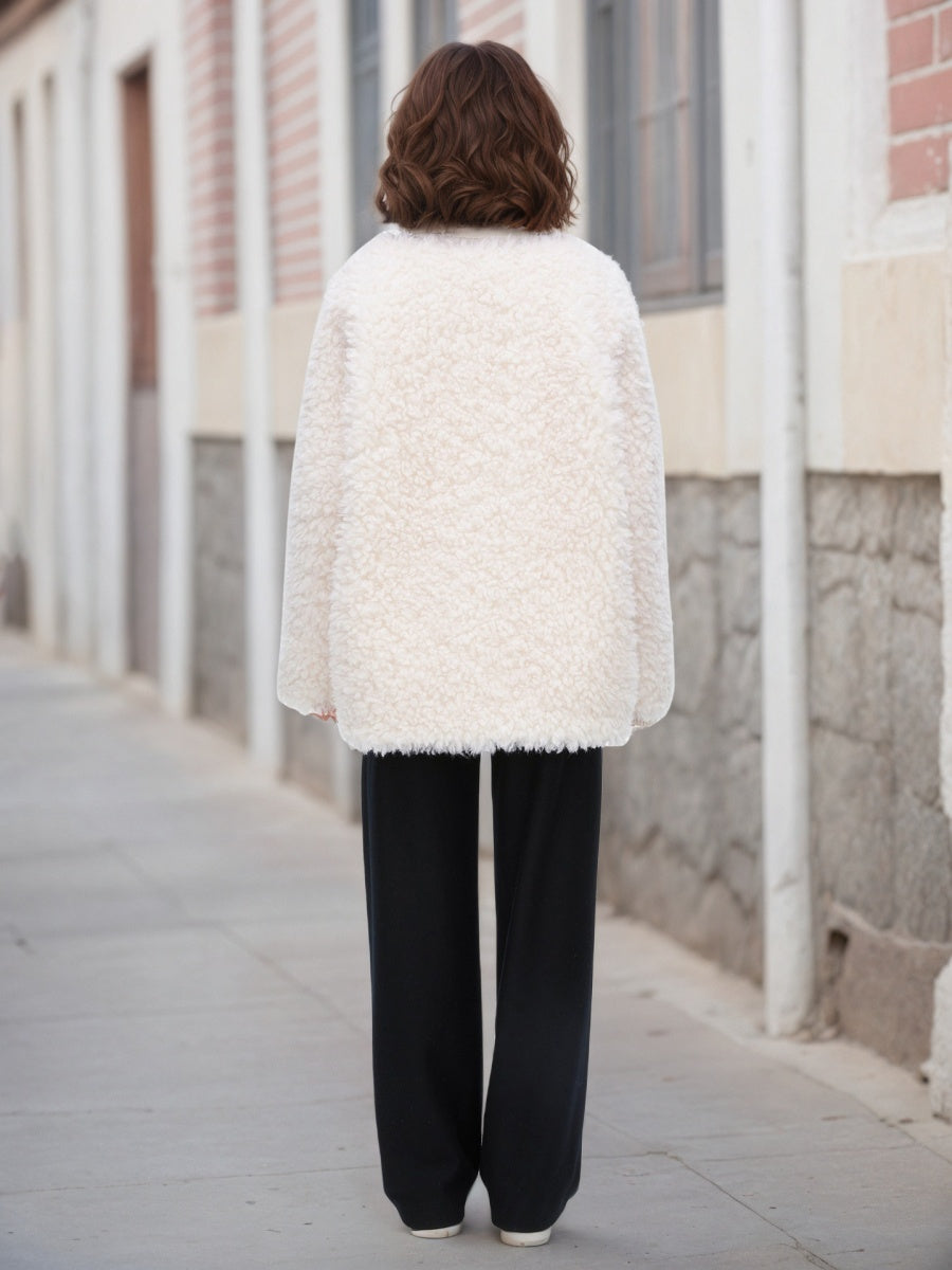 Liber Autumn women's white short fur pocket button Patchwork cotton jacket