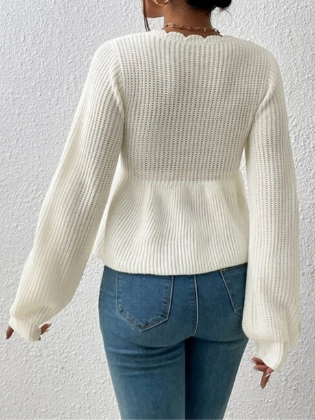 V-neck Drawstring Ruffled Skirt Knitted Pullover Sweater