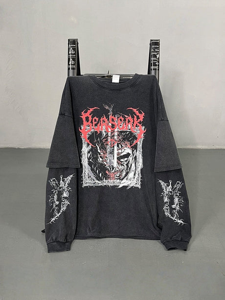 Halloween Dark Aesthetics Fake Two-piece Splicing Digital Direct Printing Long-sleeved T-shirt