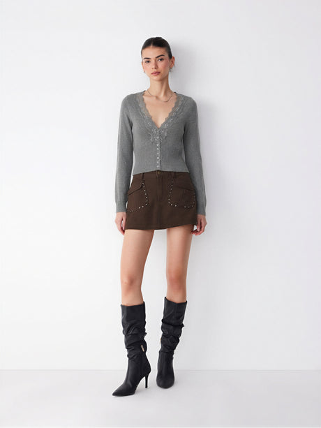 Lace Patchwork V Neckline Fitted Waist Knit Cardigan