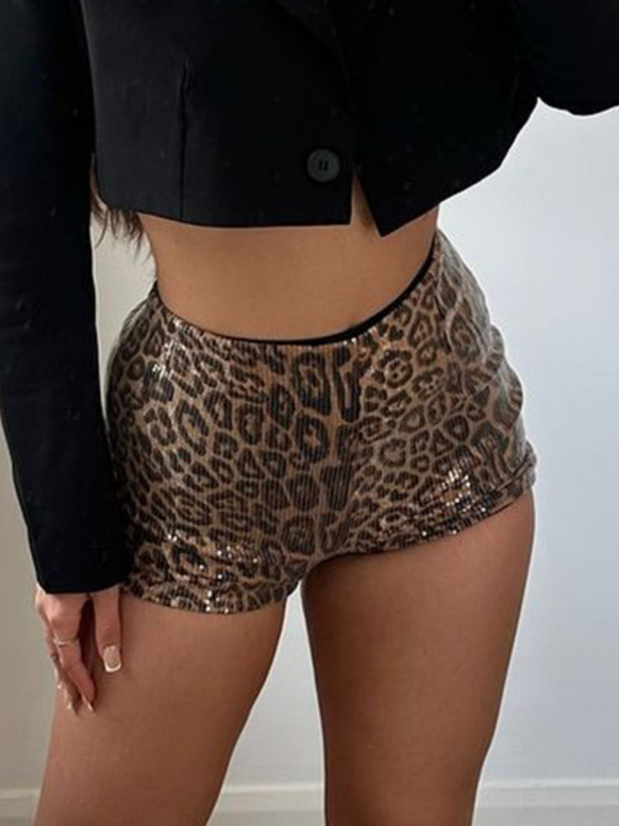 Sequined Leopard Print Stretch Shorts