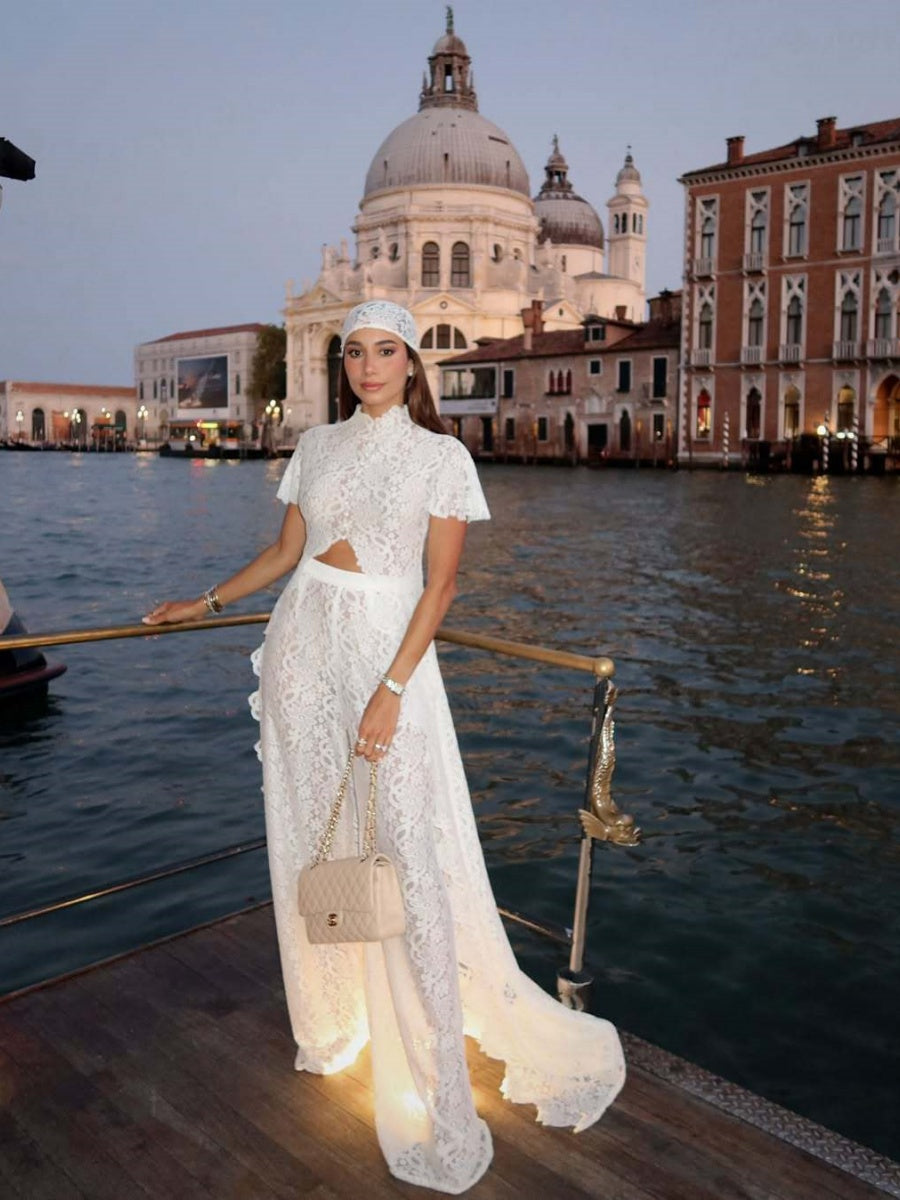 Lace Stand Collar Slit Shirts Wide-leg Pants Set 2-piece Sets
