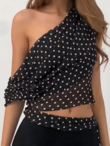 Polka Dots Sloping Shoulders Chiffon Sheer Irregular Tank Tops&Camis