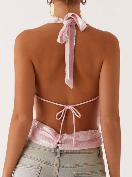 Sequined Halter Neck Backless Tie Sexy Suspenders