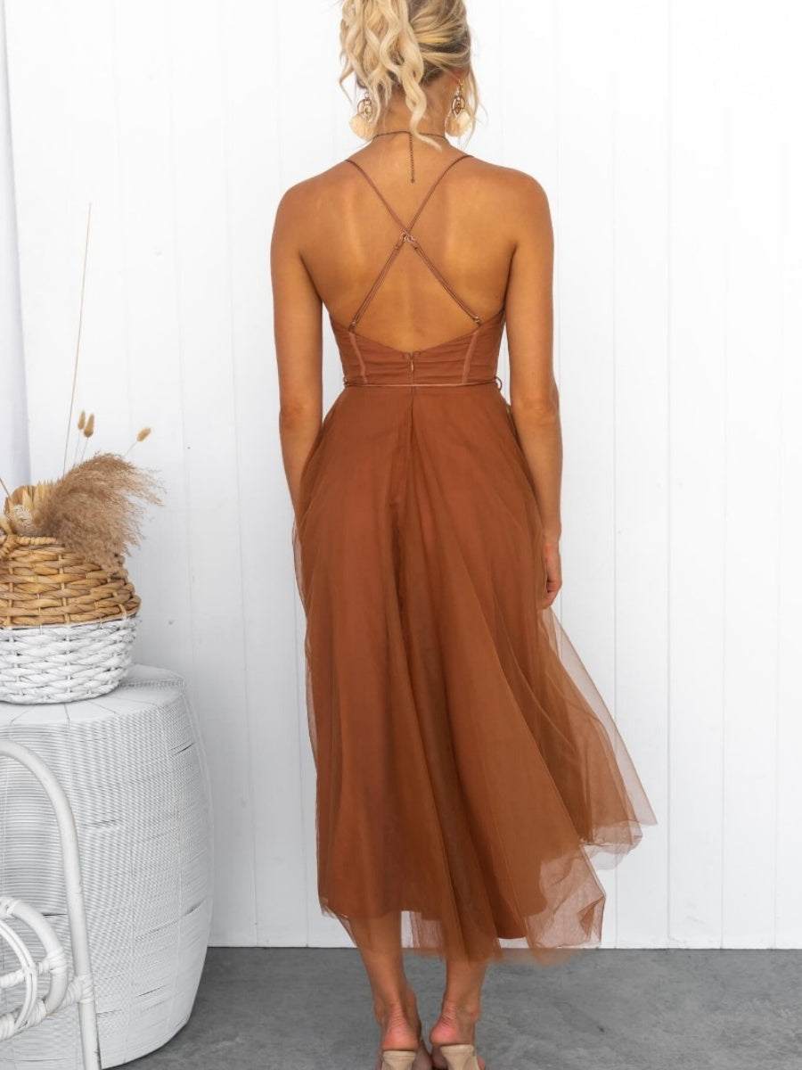 Mesh Lace Up Fishbone Camisoles Midi Dresses