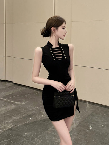 Stand-up Collar, Hollow-out, Slim-fit, Waist-cinching, Slit, Bodycon Short Dress