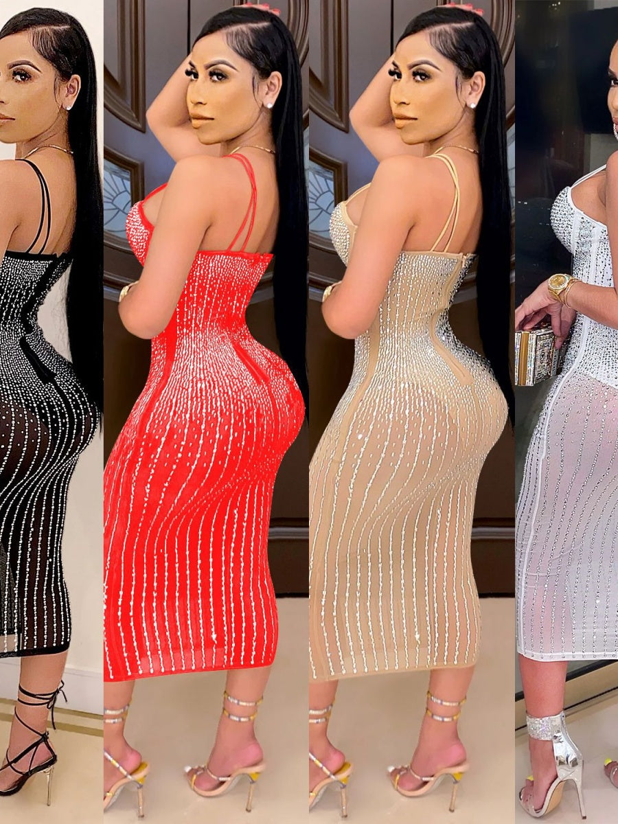 Hip-hugging Rhinestone-studded Midi Dresses