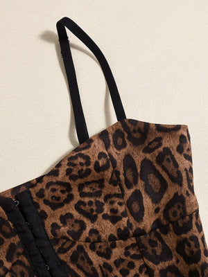 Liber Leopard Print Buttons Hollow Out Suede Tank Tops&Camis