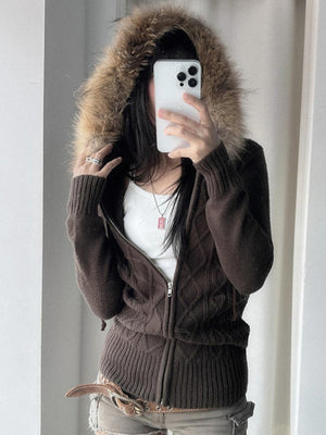 Twisted Dough Sticks Plush Patchwork Hoodies Zipper Sweater Cardigan