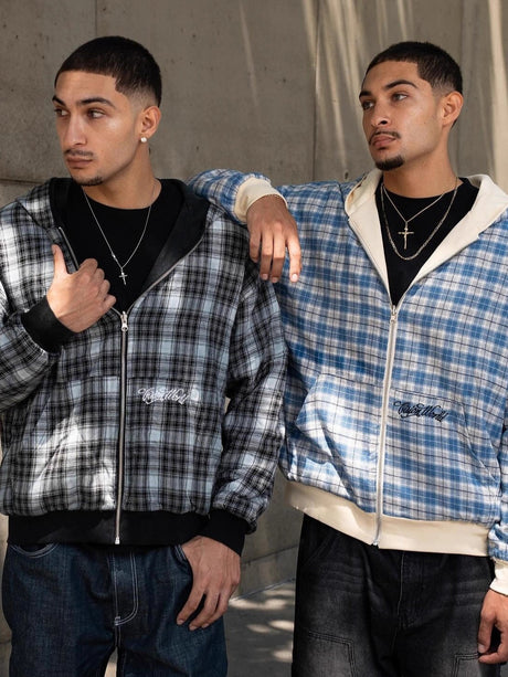 Ins Style Lattice Lining Double-sided Street Fashion Hooded Zip-up Sweatshirt