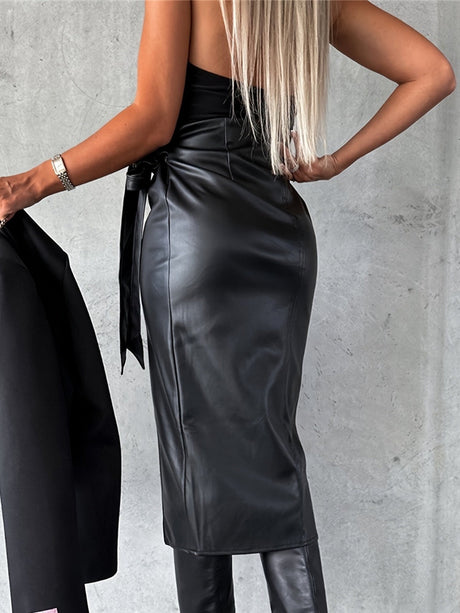 PU Leather Cross Straps Bodysuit With Slits Skirts